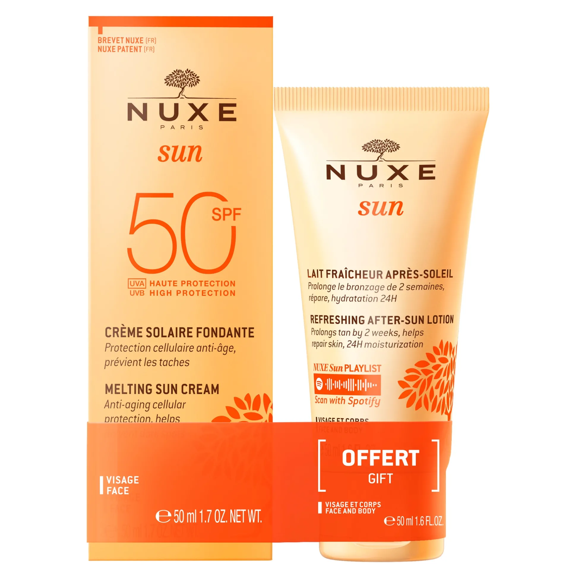 Protezione Solare | Crema Da Giorno^NUXE Duo Crema solare fondente ad alta protezione SPF50 per viso e fresco Latte solare per viso e corpo 50ml in omaggio