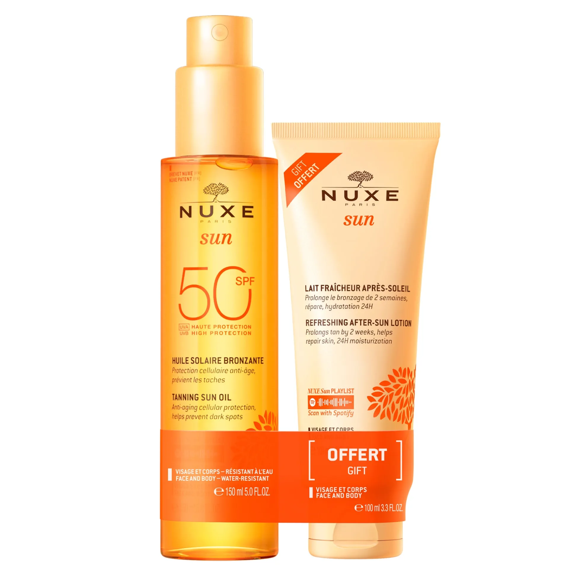 Dopo Il Sole | Protezione Solare^NUXE Duo Olio solare abbronzante ad alta protezione SPF50 per viso e corpo e Latte fresco doposole 100ml per viso e corpo.
