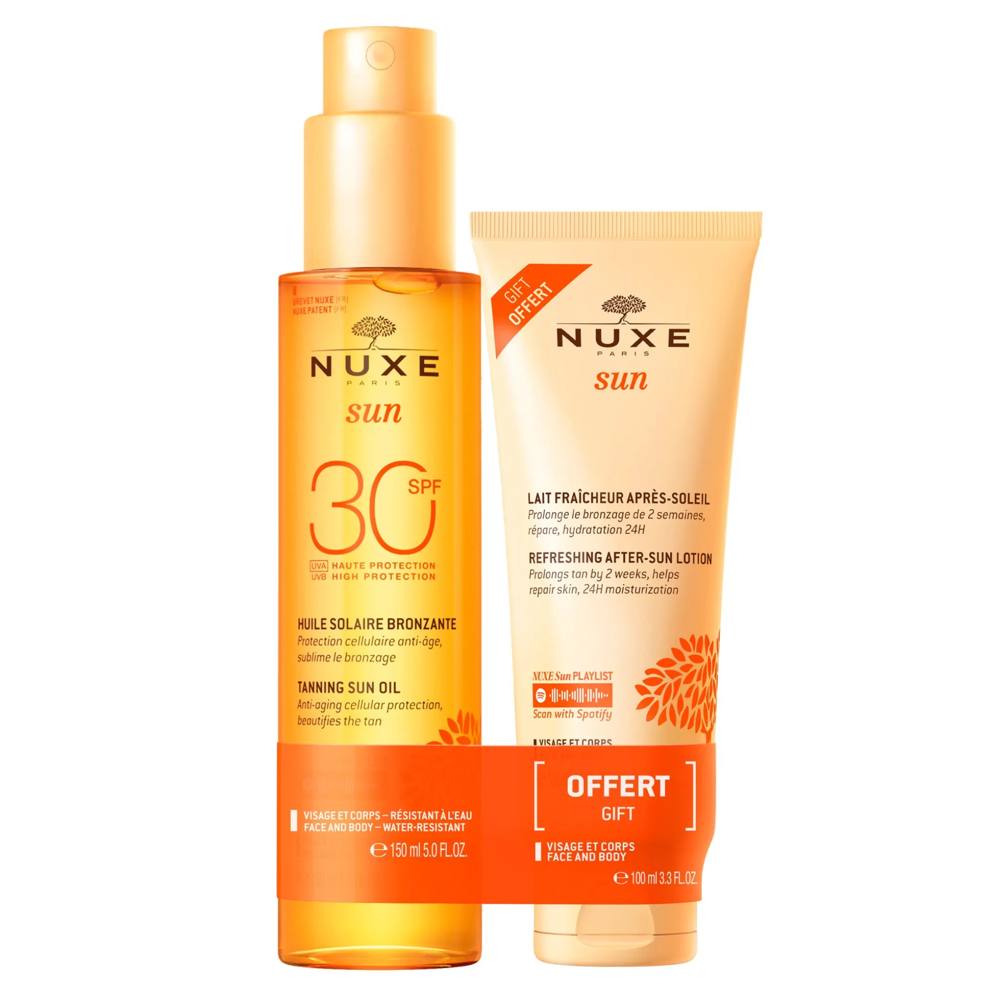 Dopo Il Sole | Protezione Solare^NUXE Duo Olio solare abbronzante ad alta protezione SPF30 per viso e corpo e Latte fresco doposole 100ml per viso e corpo.